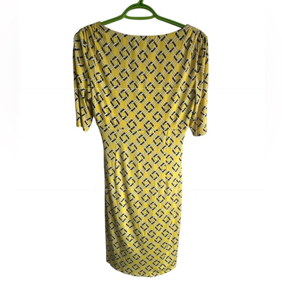 LAUREN RALPH LAUREN Yellow Geometric Faux Wrap Ruched Jersey Dress Size 4 - Picture 6 of 9